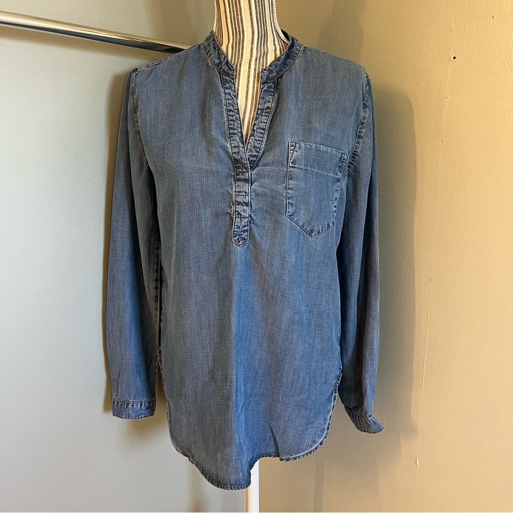 Joan Vass Womens Long Sleeve 100% Tencel V-neck Side Slit Chambray Tunic Top S